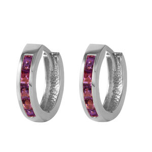 14K. SOLID GOLD HOOP HUGGIE EARRING WITH AMETHYSTS (White Gold)